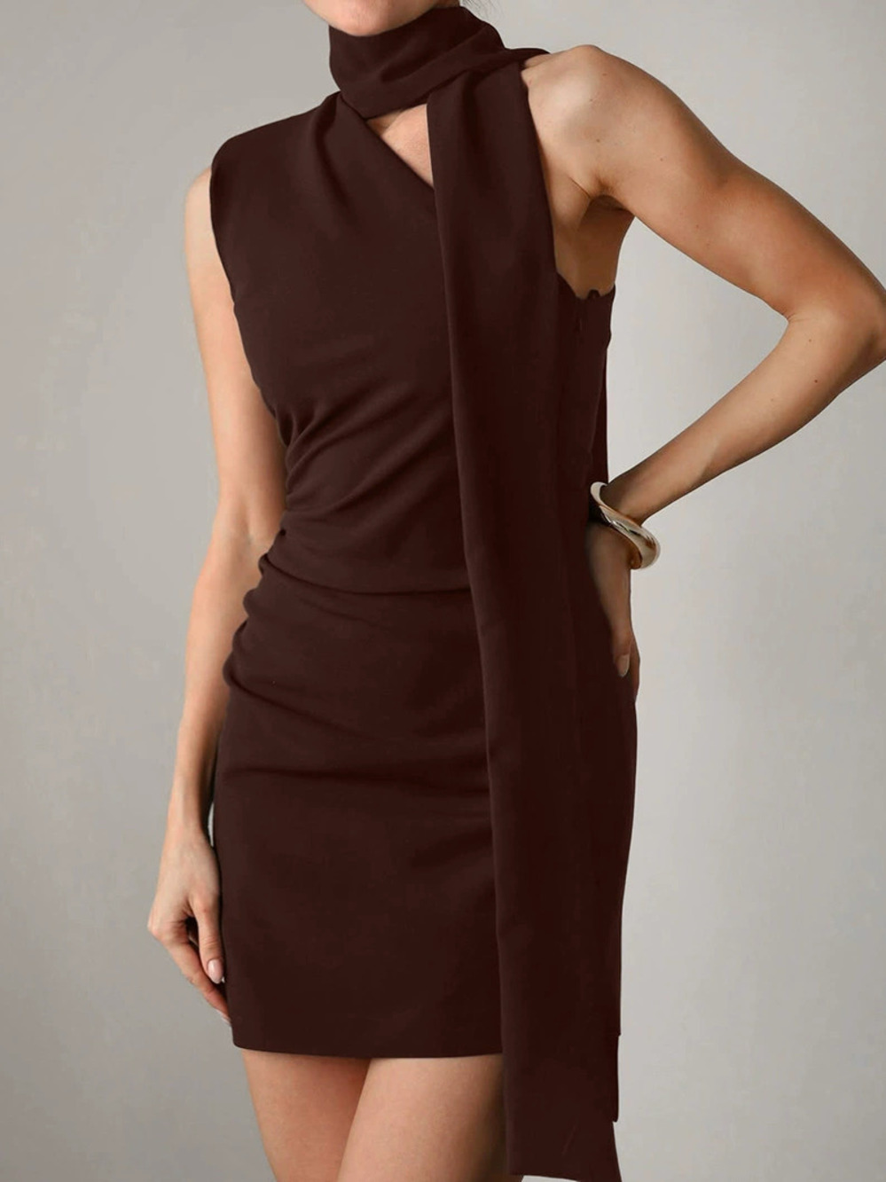 Forever 21 Pure Summer Asymmetric One Shoulder Fitted Knit Dress Brown Ribbon
